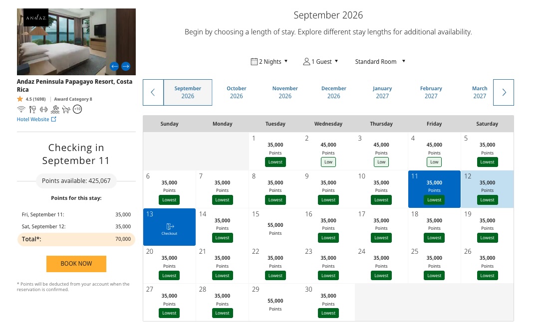 Andaz Papagayo Points Calendar Andaz Papagayo Points Calendar