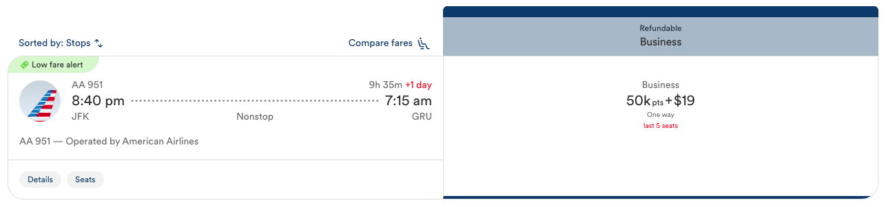 Atmos Rewards JFK GRU booking AA business class