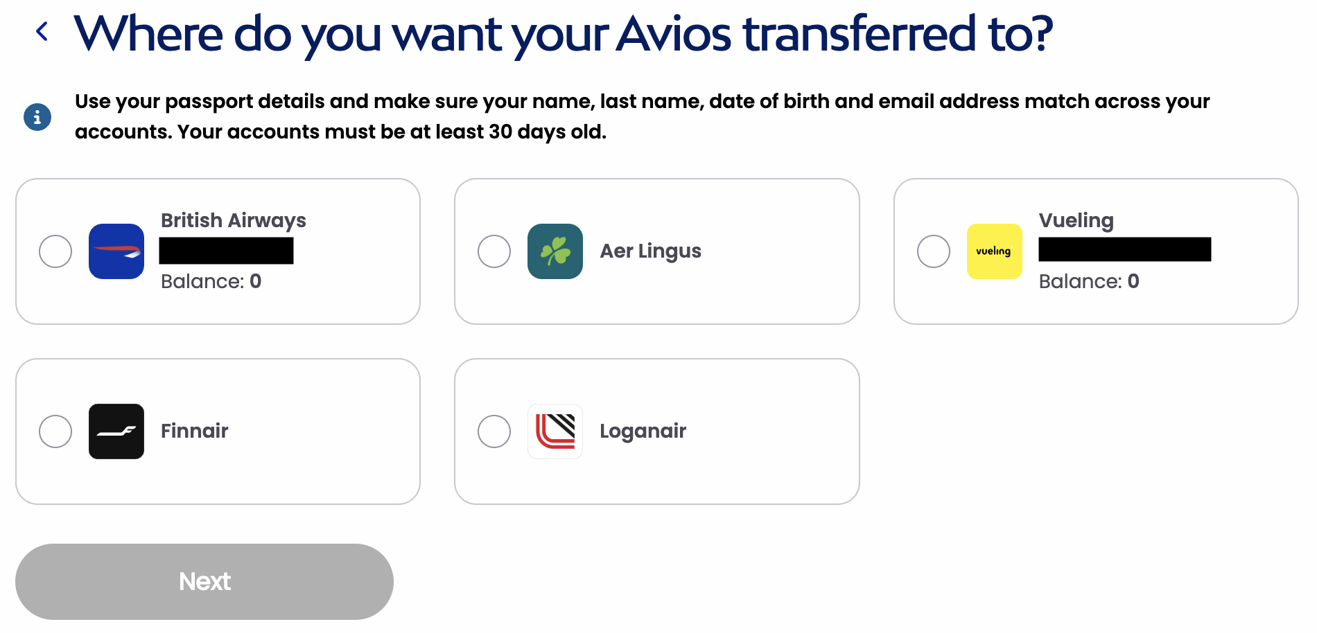 Avios transfer tool program options receive