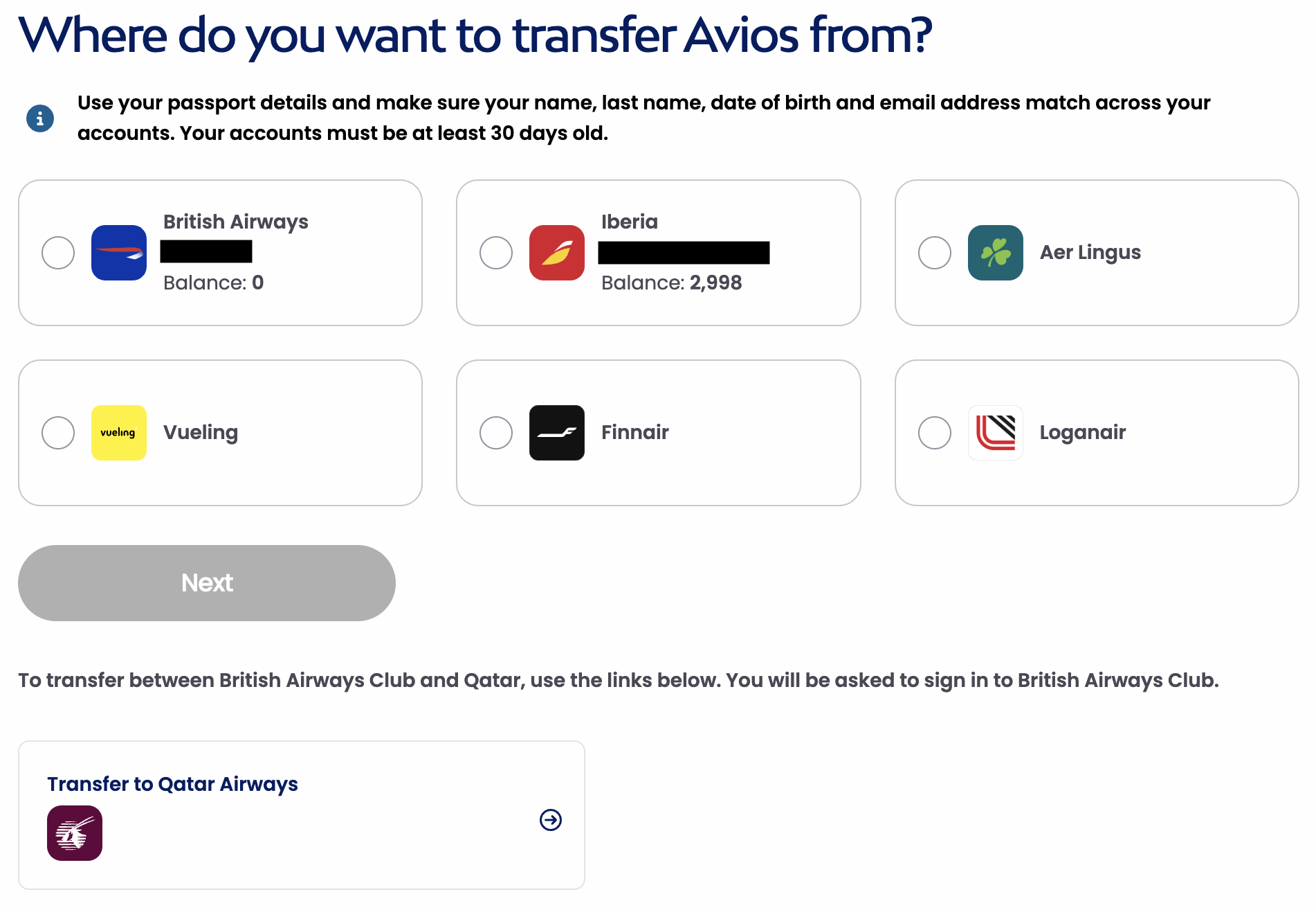 Avios transfer tool program options