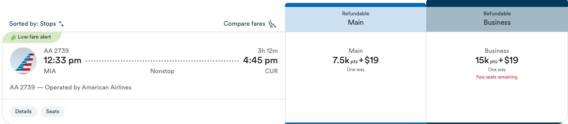 Award Alert Curacao Miami Seats.aero