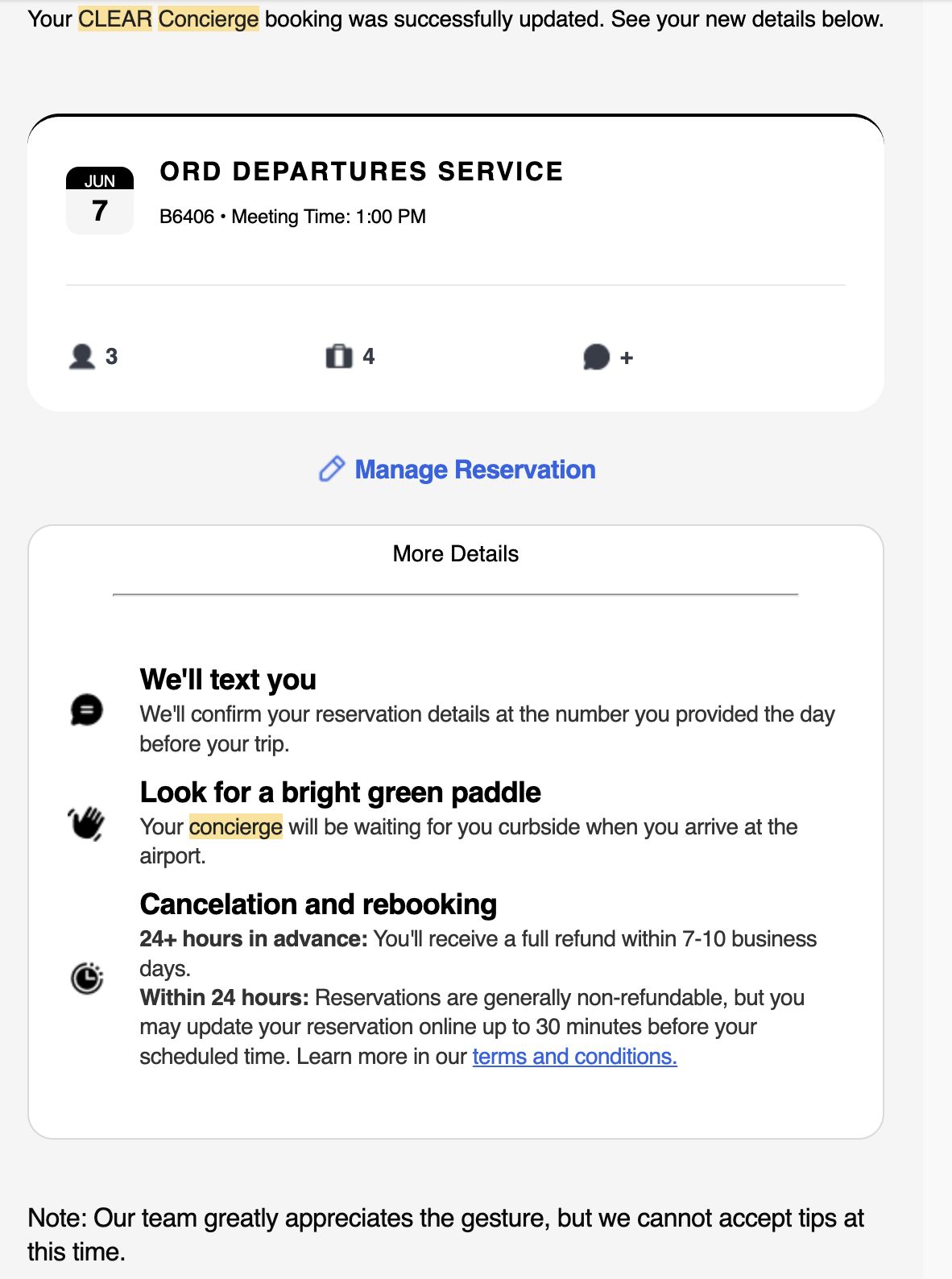 CLEAR Concierge confirmation email CLEAR Concierge confirmation email