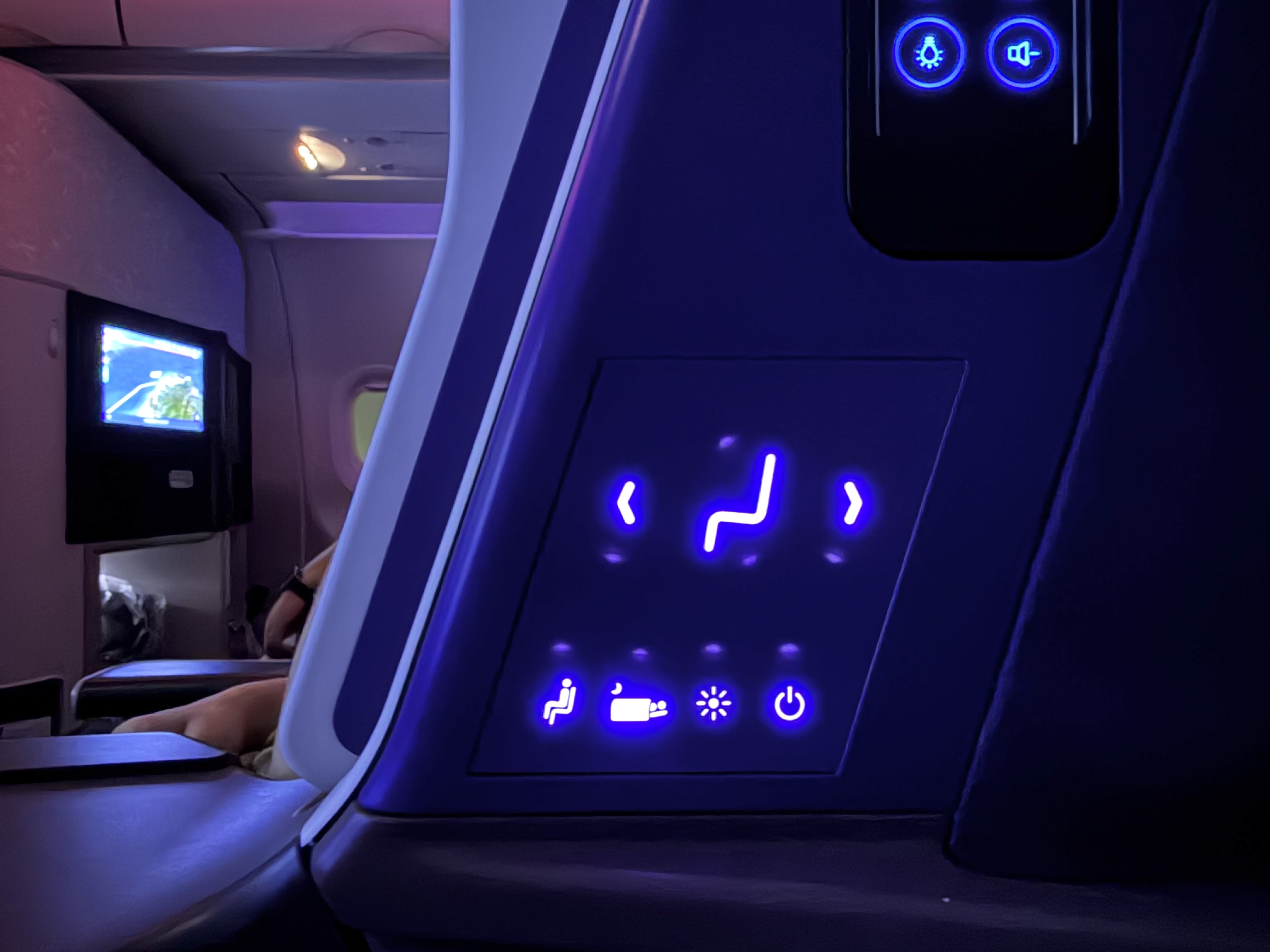 China Airlines Airbus A321neo business class seat controls lit up