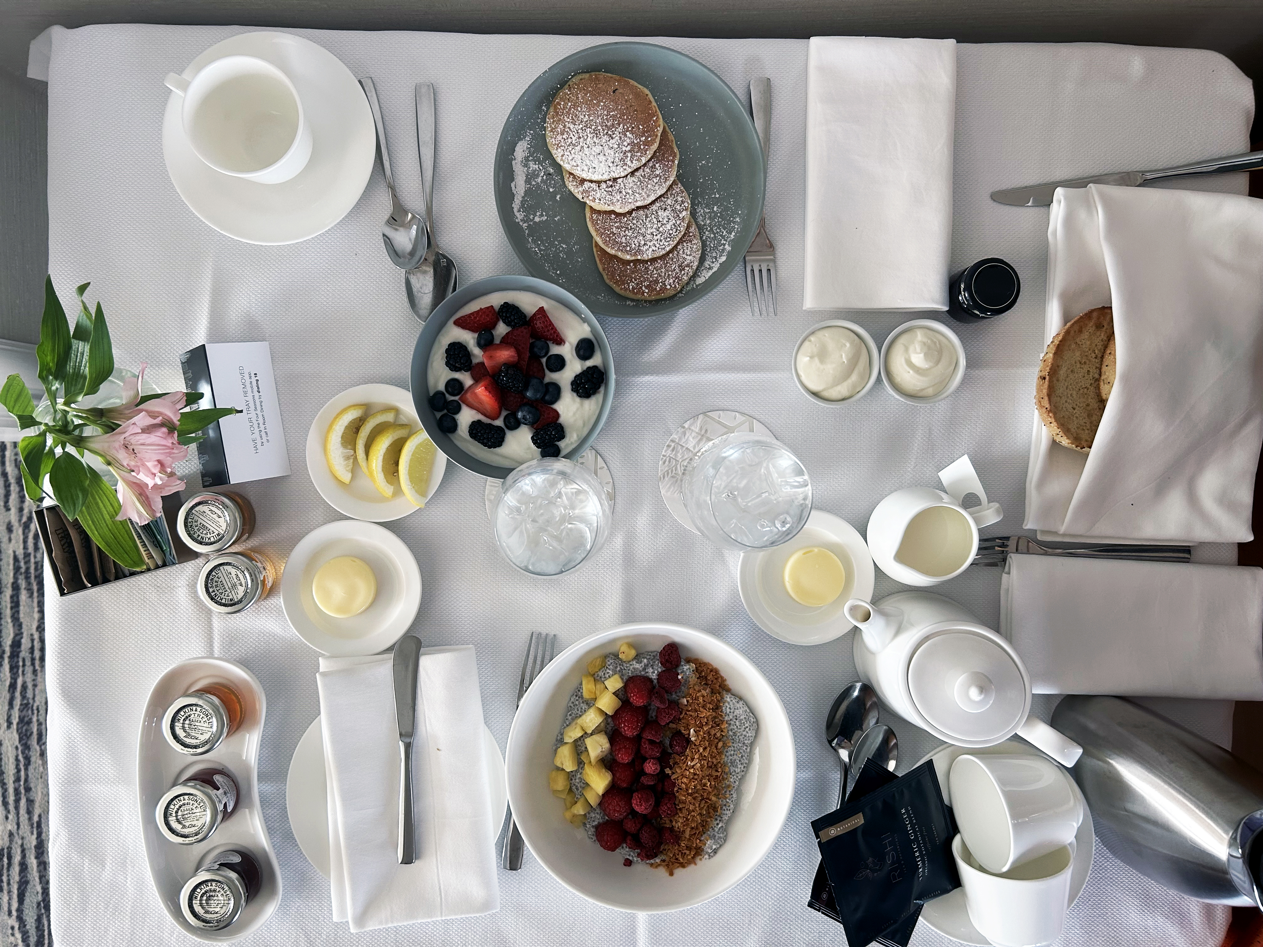 Four Seasons Chicago room service breakfast spread