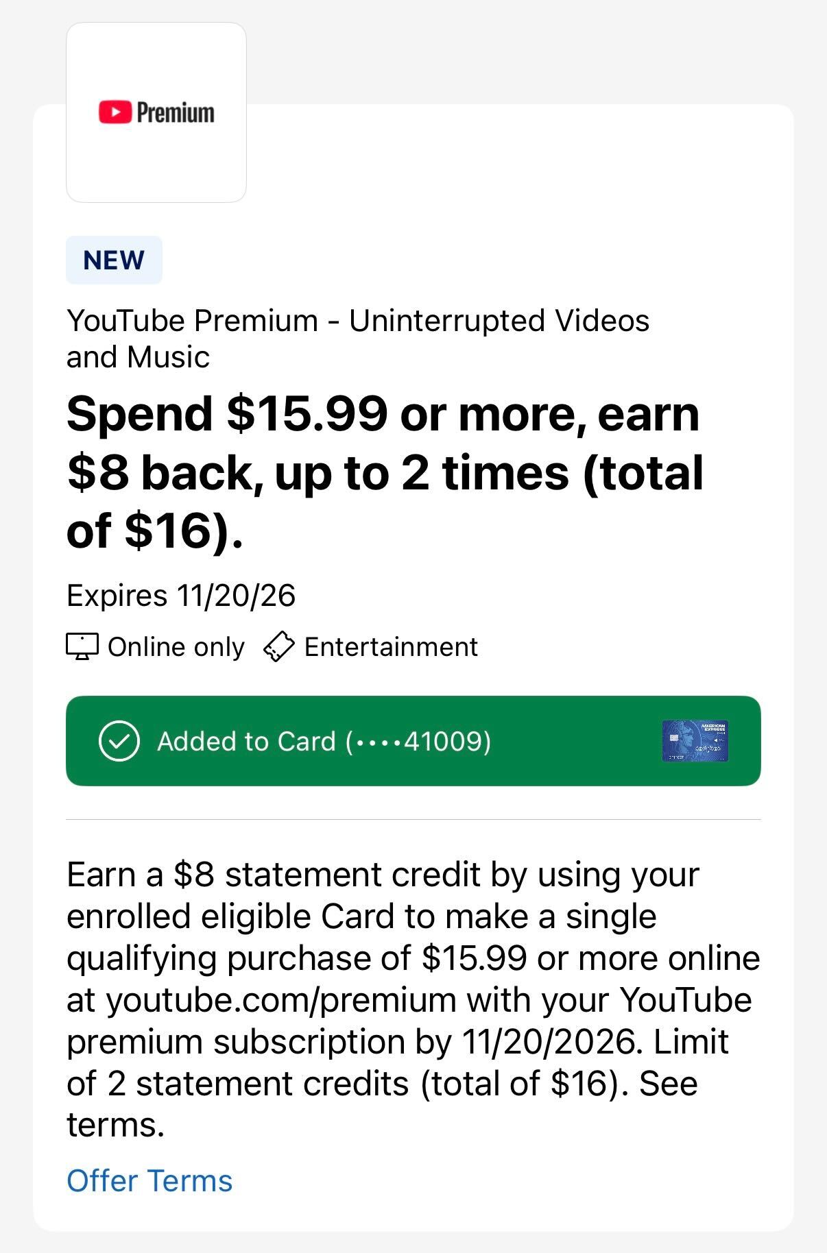 IMG 6685 Amex Offer YouTube Premium
