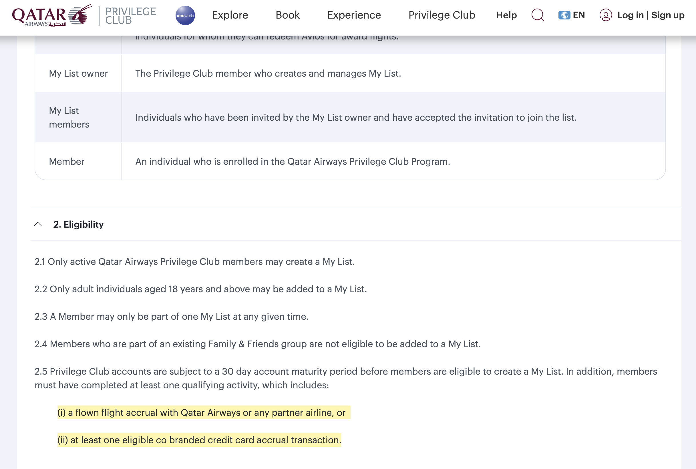 Qatar Airways Privilege Club My List rules Qatar Airways Privilege Club My List rules