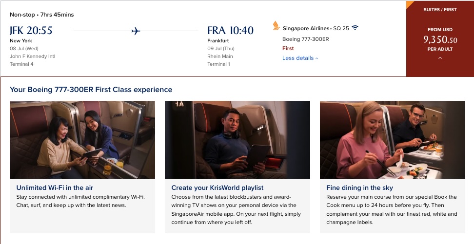 Singapore Airlines First Class cash cost JFK FRA