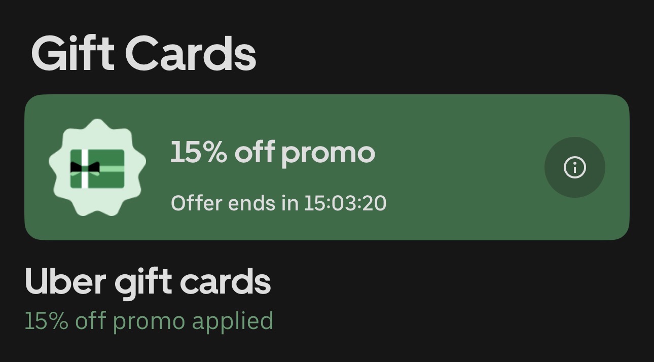 Uber 15% off gift card Uber 15% off gift card