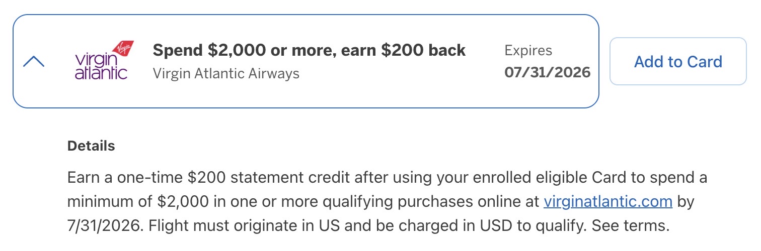 Screenshot Virgin Atlantic Amex Offer