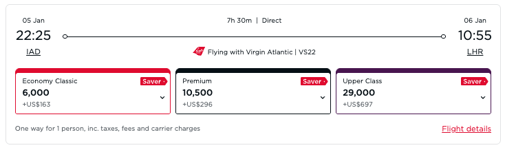 Virgin atlantic award pricing all cabins Virgin atlantic award pricing all cabins