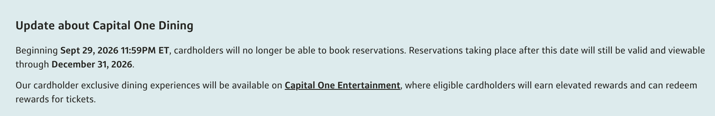 Capital One Dining shutdown message